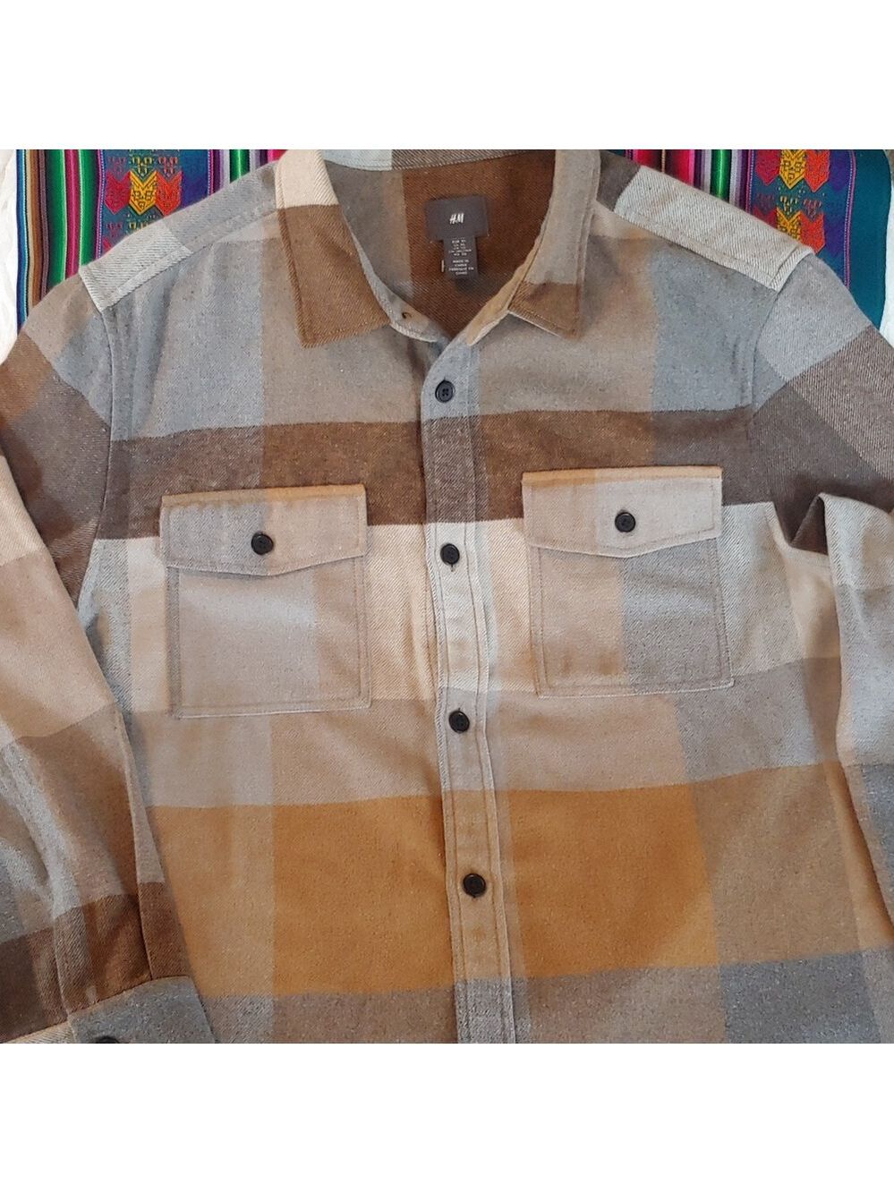 Men's Plaid Polyester Blend Button Shirt Brown, Tan, XL - Picture 3 of 15